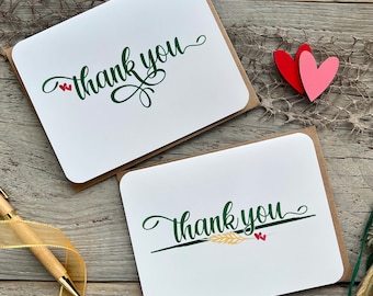 Jeu de 2 cartes de remerciements, lettrage en police de caractères élégante vert foncé, carte minimaliste simple, cartes de remerciement de mariage/personnelles, merci