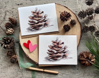 Watercolor Pinecone Note Card Set of 2: Blank Stationery, Original Artwork