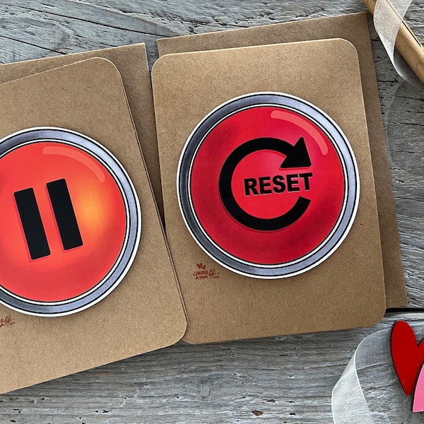 Reset Pause Button Note Cards with printed buttons made 3 dimensional, set of 2 made from Original Artwork, encouraging reassurance cards