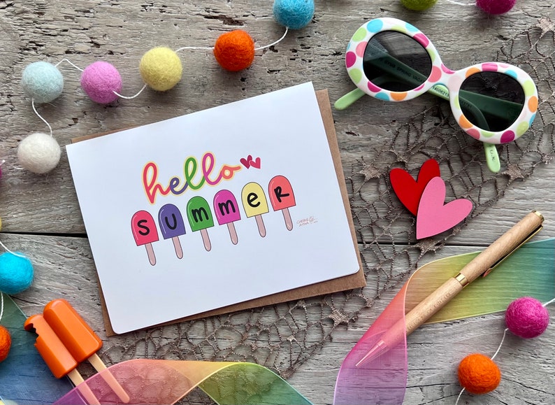 Carte de correspondance Hello Summer avec des sucettes glacées aux couleurs vives, papeterie cadeau d'été mignonne fantaisiste faite à la main à partir d'oeuvres d'art originales dessinées à la main image 6