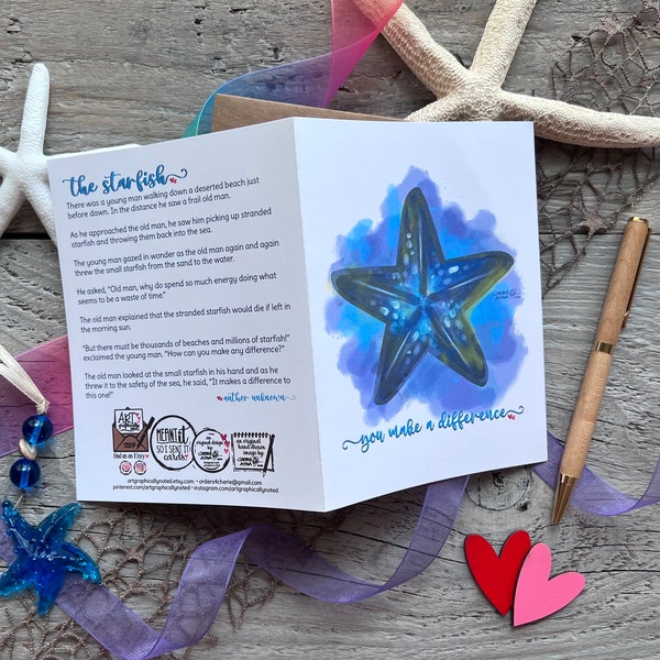 Starfish Card made from Hand-Drawn Original Artwork, 4.25 x 5.5 ocean inspired notecard with the Starfish Story about “Making a Difference”