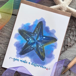 Carte étoile de mer avec l'histoire des étoiles de mer sur le fait de faire une différence, art original dessiné à la main aquarelle numérique inspiré de l'océan, cadeau pour amoureux de la plage image 2