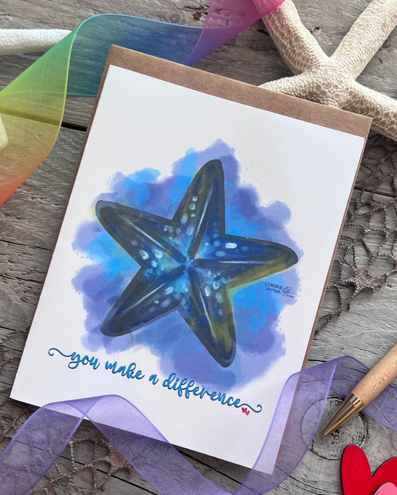 Carte étoile de mer avec l'histoire des étoiles de mer sur le fait de faire une différence, art original dessiné à la main aquarelle numérique inspiré de l'océan, cadeau pour amoureux de la plage image 2