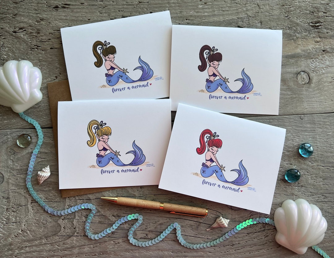 Mermaid Notes Mermaid Note Card Set of 4: Original Art, Ocean Lover Gift - Etsy
