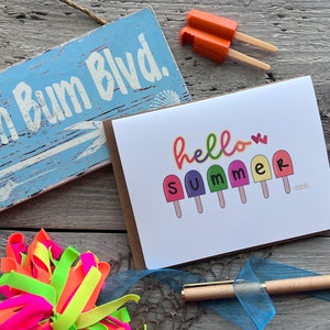 Carte de correspondance Hello Summer avec des sucettes glacées aux couleurs vives, papeterie cadeau d'été mignonne fantaisiste faite à la main à partir d'oeuvres d'art originales dessinées à la main image 4