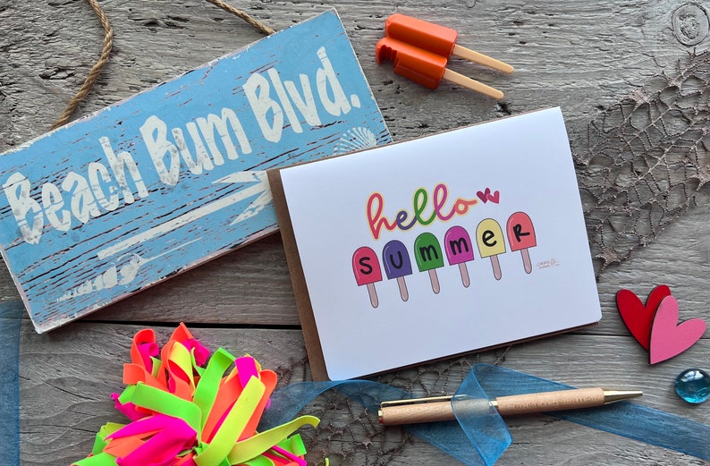 Carte de correspondance Hello Summer avec des sucettes glacées aux couleurs vives, papeterie cadeau d'été mignonne fantaisiste faite à la main à partir d'oeuvres d'art originales dessinées à la main image 4