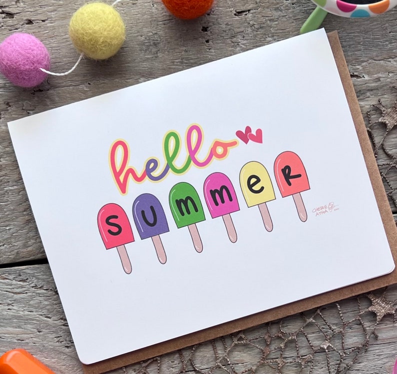 Carte de correspondance Hello Summer avec des sucettes glacées aux couleurs vives, papeterie cadeau d'été mignonne fantaisiste faite à la main à partir d'oeuvres d'art originales dessinées à la main image 1
