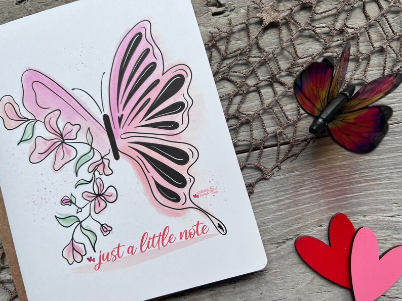 Carte de correspondance papillon, insecte aquarellé gobelin avec des fleurs sur les ailes, juste une petite note toutes les occasions de papeterie, original dessiné ar image 5