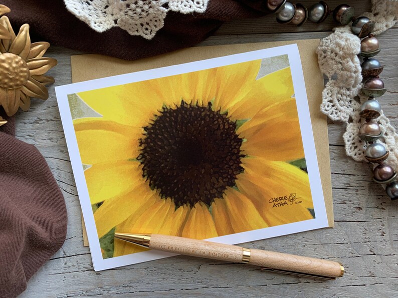 Carte de correspondance tournesol, oeuvre d'art et photographie originales, intérieur vierge, cadeau d'été de papeterie, cadeau jardinière, effet aquarelle numérique image 1
