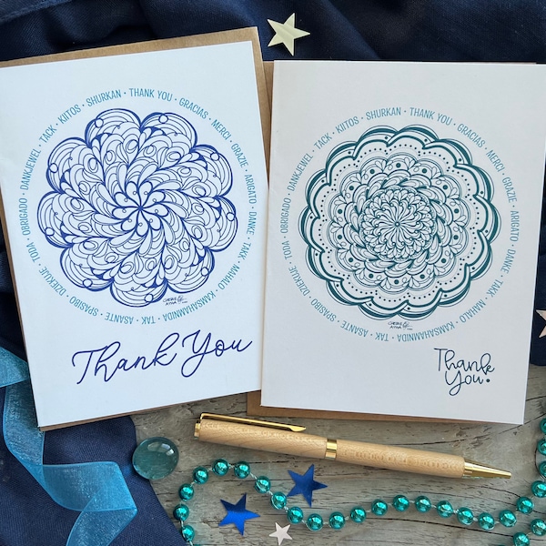 Thank You Note Card in various ways to say thank you in different languages around blue mandala, Set of 2 Original Art, gracias/merci/grazie