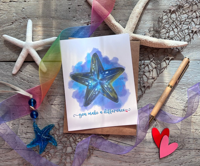 Carte étoile de mer avec l'histoire des étoiles de mer sur le fait de faire une différence, art original dessiné à la main aquarelle numérique inspiré de l'océan, cadeau pour amoureux de la plage image 5