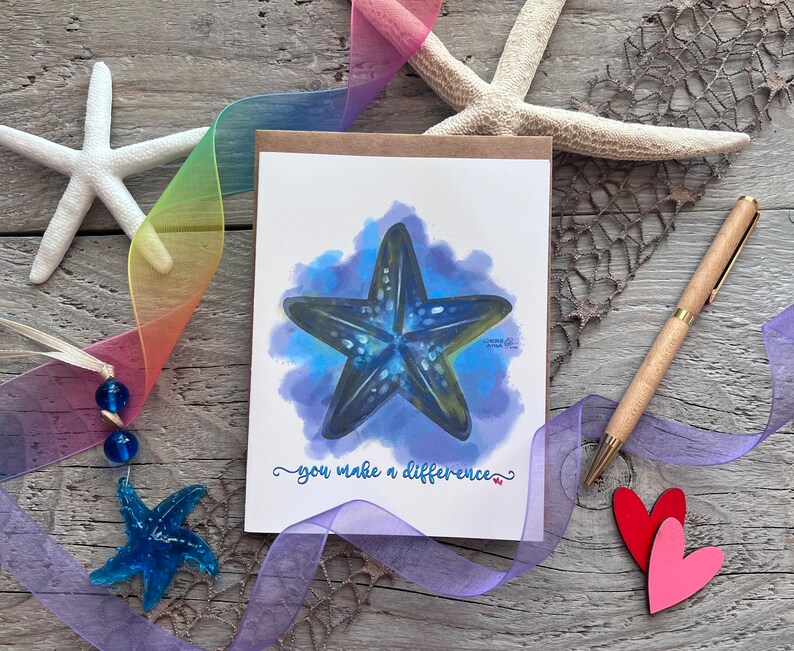 Carte étoile de mer avec l'histoire des étoiles de mer sur le fait de faire une différence, art original dessiné à la main aquarelle numérique inspiré de l'océan, cadeau pour amoureux de la plage image 7