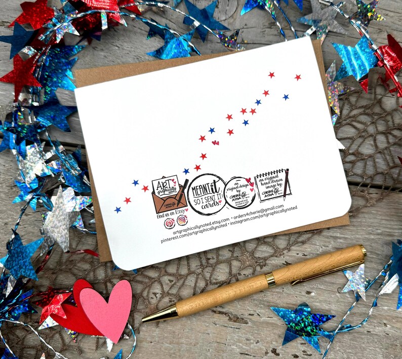 The back of the card is adorned with scattered red and blue stars surrounding my signature heart at the center, enhancing the patriotic theme from the front. It also includes my logos for a cohesive and branded design.