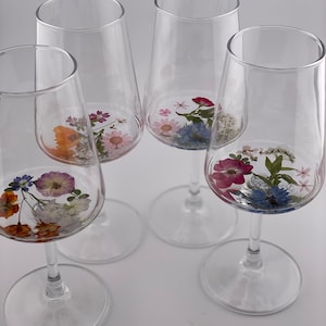 4 Long-Stemmed Wine Glasses Hand Decorated Varied Multi-Colored Real Dried/Pressed Flowers Wine Lovers, Bday, Wedding, Shower, Mother's Day