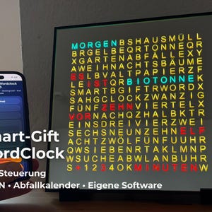 Woordklok met wifi en app-bediening | Slimme LED-woordklok met afvalkalender | Handgemaakt in Duitsland | Slimme woondecoratie