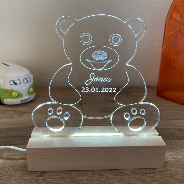 Lampe de nuit enfant personnalisée avec ours en peluche, cadeau bébé naissance, lampe de chevet chambre enfant, cadeau naissance, cadeau baptême