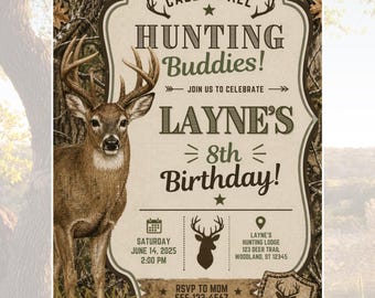 Invitación de cumpleaños con camuflaje de caza de ciervos: temática de ciervos, editable (descarga digital)