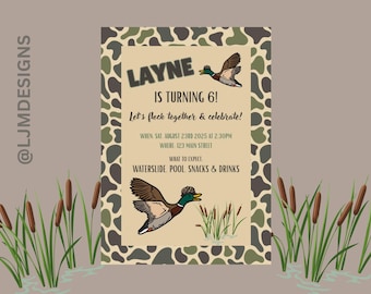 Invitación de cumpleaños con estampado de camuflaje de patos: temática de ánade real, editable (descarga digital)