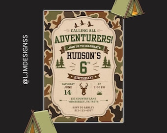 Invitación de cumpleaños con estampado de camuflaje: temática de aventuras, editable (descarga digital)