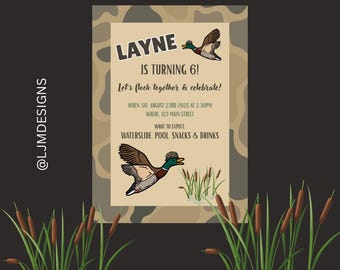 Invitación de cumpleaños con camuflaje de pato: temática de ánade real, editable (descarga digital)
