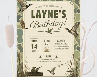 Invitación de cumpleaños con estampado de camuflaje de patos: temática de ánade real, editable (descarga digital)