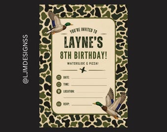 Invitación de cumpleaños con estampado de camuflaje de patos: temática de ánade real, editable (descarga digital)