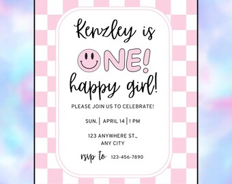Invitación de cumpleaños a cuadros rosas - Primer cumpleaños - Una niña feliz