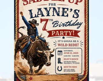 Invitación de cumpleaños con temática de rodeo: Monta de toros, editable (descarga digital)