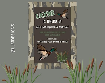 Invitación de cumpleaños con camuflaje de pato: temática de ánade real, editable (descarga digital)