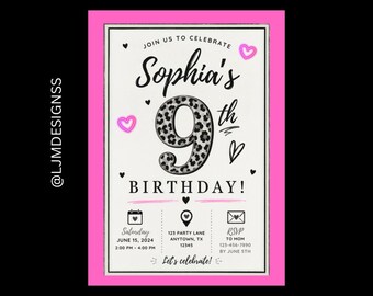 Invitación de cumpleaños con estampado de guepardo rosa intenso
