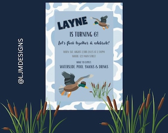 Invitación de cumpleaños con camuflaje de pato: temática de ánade real, editable (descarga digital)