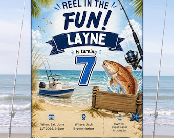 Invitación de cumpleaños con temática de pesca: playa, editable (descarga digital)
