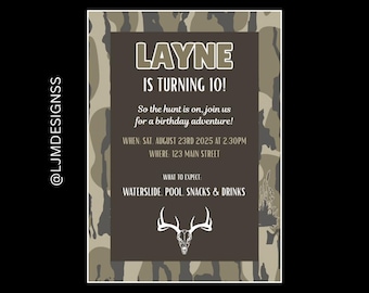 Invitación de cumpleaños con temática de camuflaje y caza de ciervos: diseño de camuflaje, editable (descarga digital).