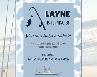 Invitación de cumpleaños con camuflaje de pato azul: temática de pesca, editable (descarga digital)