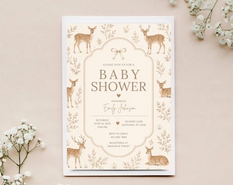 Invitación para baby shower con temática de ciervos: Tema neutro de ciervos, editable (descarga digital)