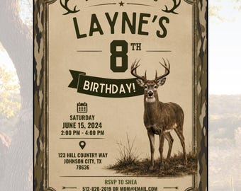 Invitación de cumpleaños con camuflaje de caza de ciervos: temática de ciervos, editable (descarga digital)