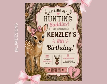 Invitación de cumpleaños con temática de camuflaje de caza de ciervos: Tema rosa, editable (descarga digital)