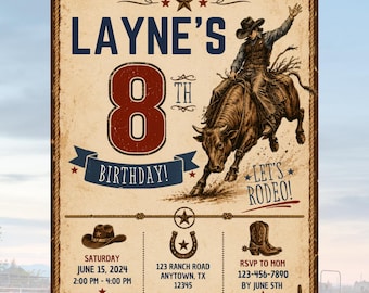Invitación de cumpleaños con temática de rodeo: Monta de toros, editable (descarga digital)