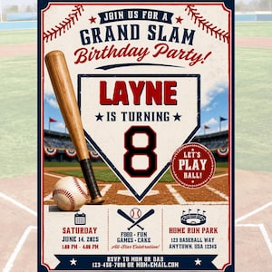 May include: A baseball-themed birthday party invitation featuring a wooden bat and ball, a home plate graphic with the text Layne is turning 8, and event details including Saturday June 14, 2025, at Home Run Park, 123 Baseball Way, Anytown, USA 12345.
