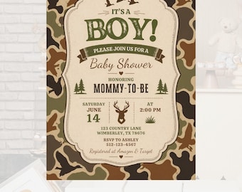 Invitación para baby shower con temática de camuflaje: aventura, editable (descarga digital)