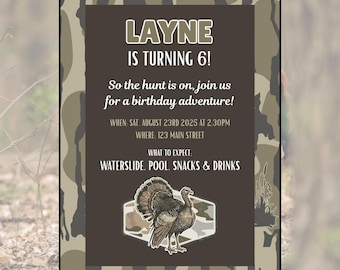 Invitación de cumpleaños con temática de caza de pavos y camuflaje: tema de pavo, editable (descarga digital)