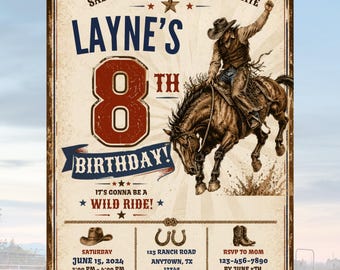 Invitación de cumpleaños con temática de rodeo: tema de caballos salvajes, editable (descarga digital)