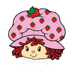 May include: A cartoon character illustration featuring a pink hat decorated with red strawberries. The character has red hair, a smiling face, and a pink hat with a large strawberry on top. The image is set against a white background.