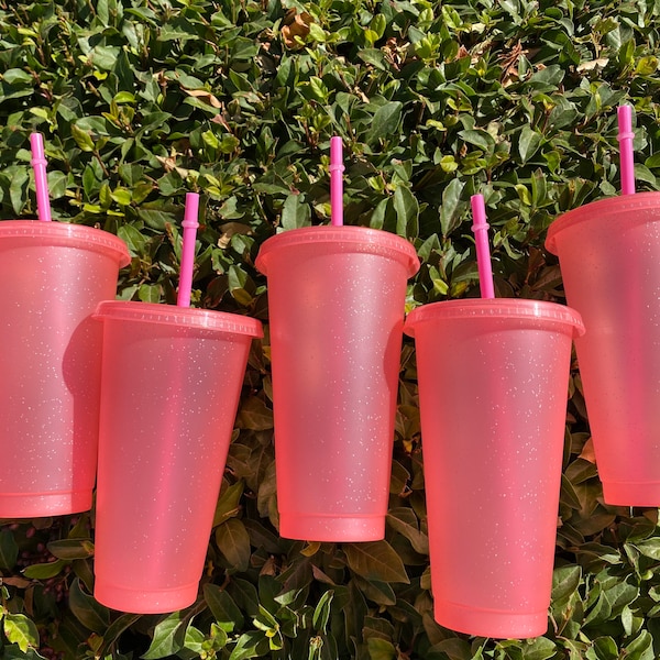 24 Unzen Pink Glitter Cups, Kaltschalen, Rohlinge, wiederverwendbar, Pink Glitter, 5er Set