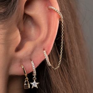 orecchini a catena doppio piercing / orecchini a cerchio collegati a catena / orecchini a doppio piercing / orecchini a catena cartilaginea