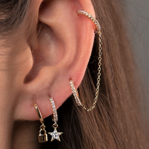 Double Piercing Earring Two Hoop Chain Earrings Handcuff Etsy