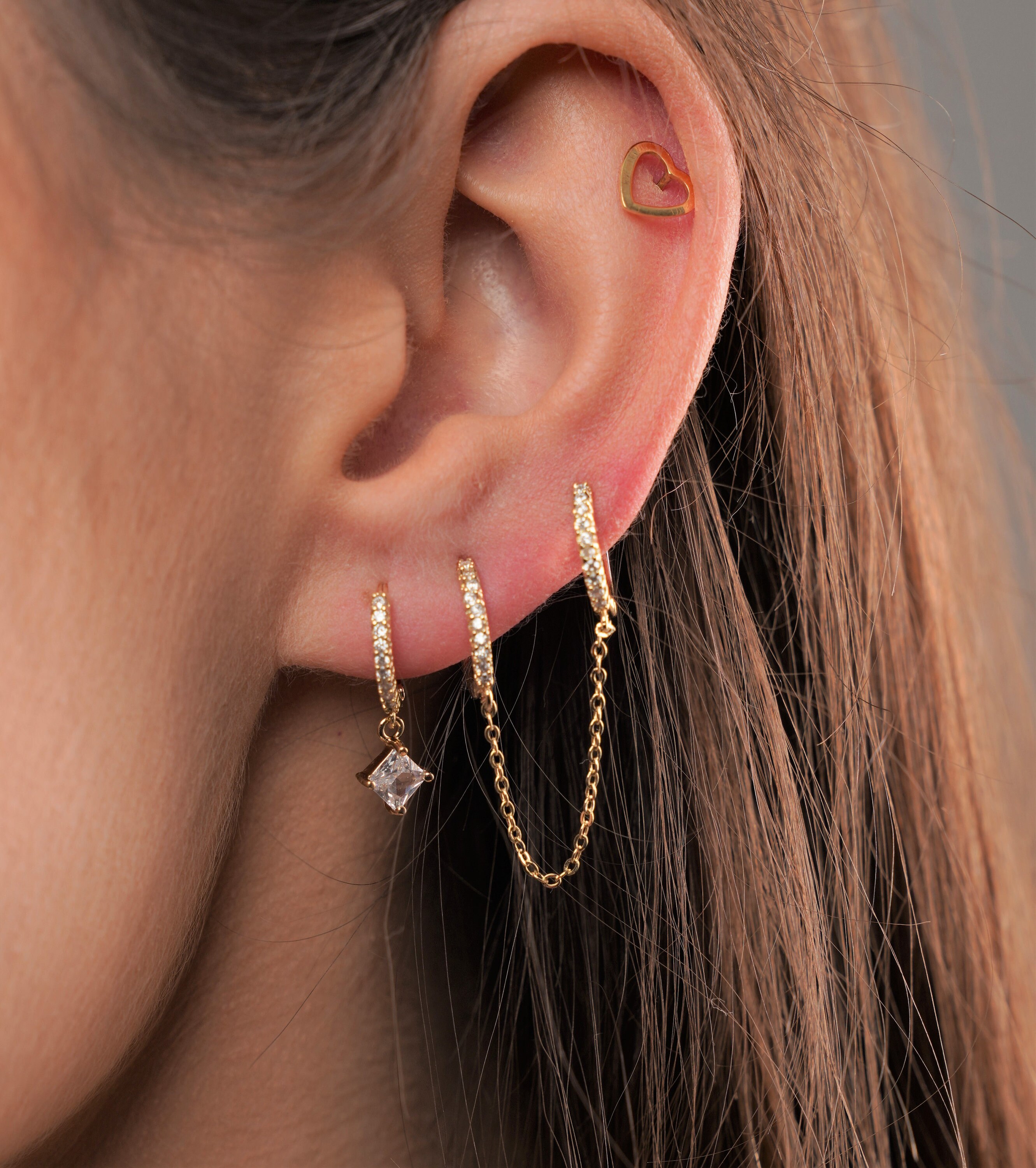 Chain Earrings Double Piercing Chain Connected Hoop Earrings