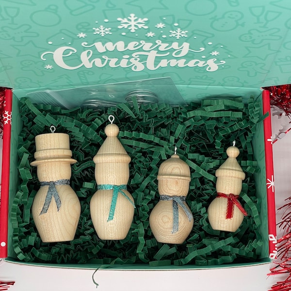 Hand Turned Wood Snowman Family Ornaments Gift Box