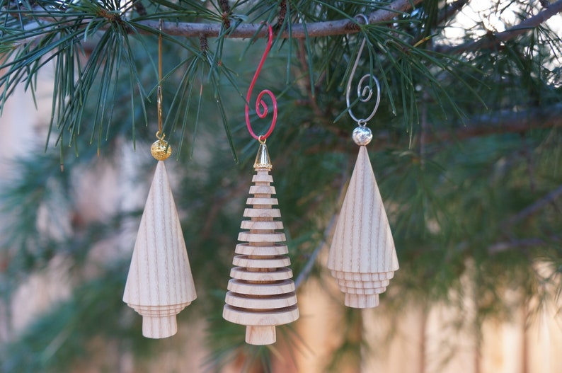 Hand Turned Wood Christmas Tree Ornaments Set of 3 image 1