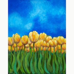 Pintura de tulipanes, arte original, pintura de flores, obra de arte, tulipanes amarillos, flores, tulipanes, arte de pared, arte de pared ucraniano, 14 x 11 pulgadas, BatychkovaArt